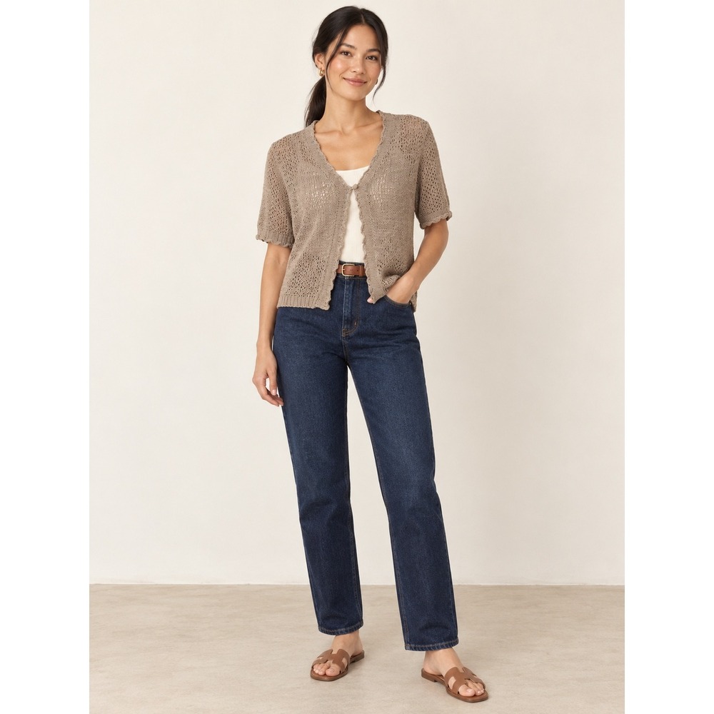 Boho Minimalist Light Brown Taupe Crochet Cardigan Short Sleeve Knit S Sweater